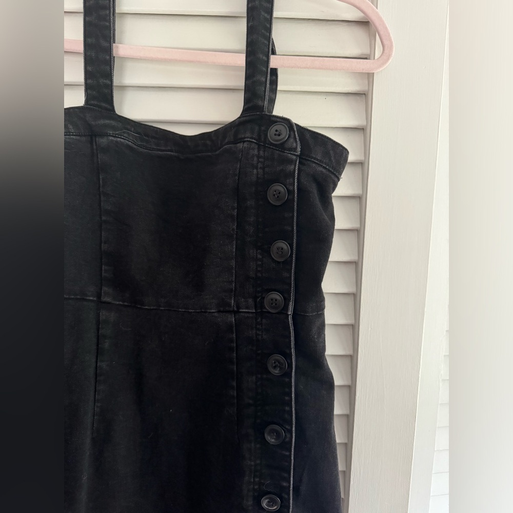 Ten Sixty Sherman Side Button Square Neck Black Denim Mini Dress - Picture 2 of 7